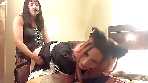 Slutty brunette maid with a big booty is giving a blowjob