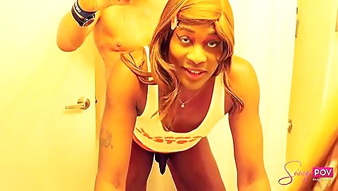 Horny shemale fucks a man in his big ass in the back