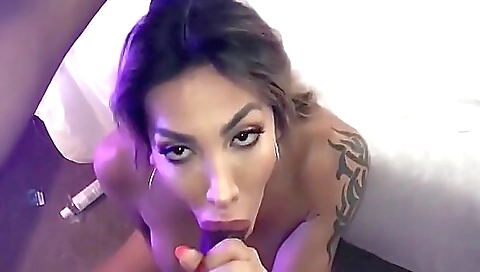 Brunette gets a blowjob and she has interracial sex